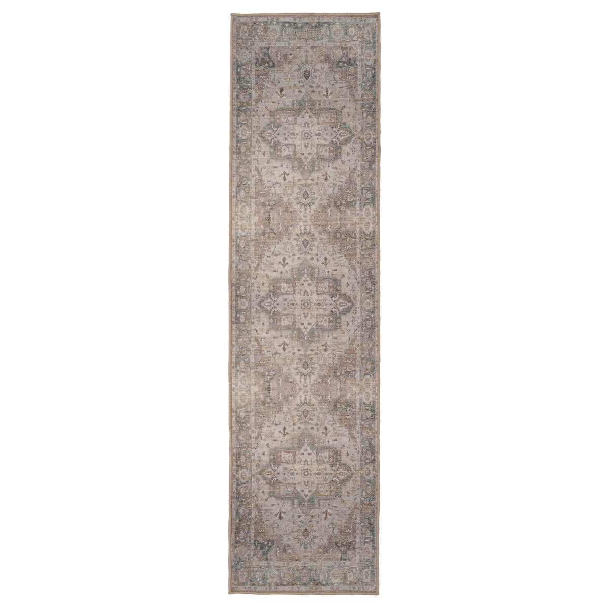 A long rectangular runner rug with an intricate distressed traditional pattern in muted beige, gray, and soft blue tones, shown flat against a solid white background.