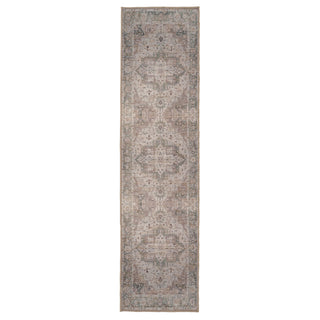 A long rectangular runner rug with an intricate distressed traditional pattern in muted beige, gray, and soft blue tones, shown flat against a solid white background.