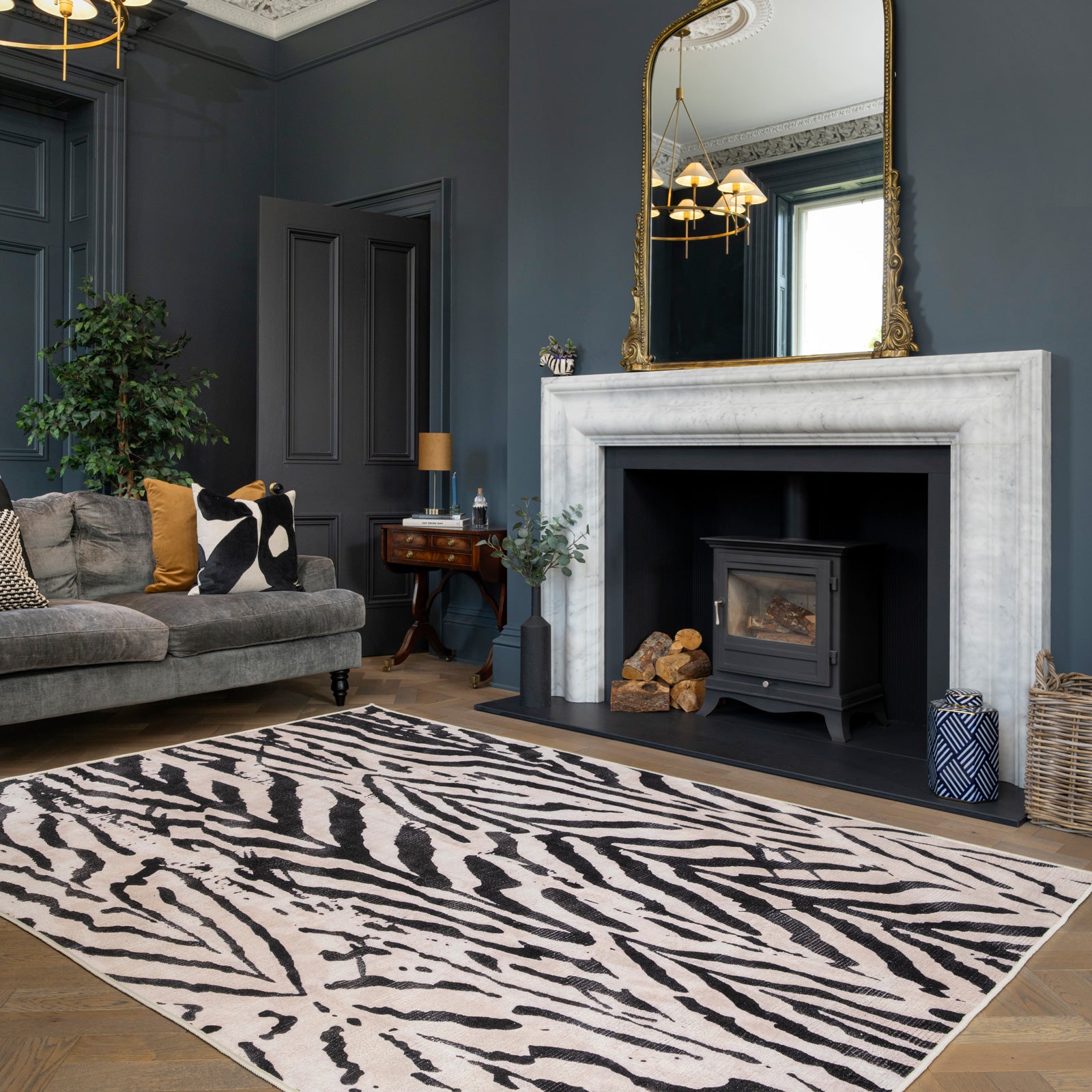 Soft Washable Black Zebra Print Rug - Ida