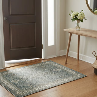 Decorative area rug with intricate patterns and a border on a plain background