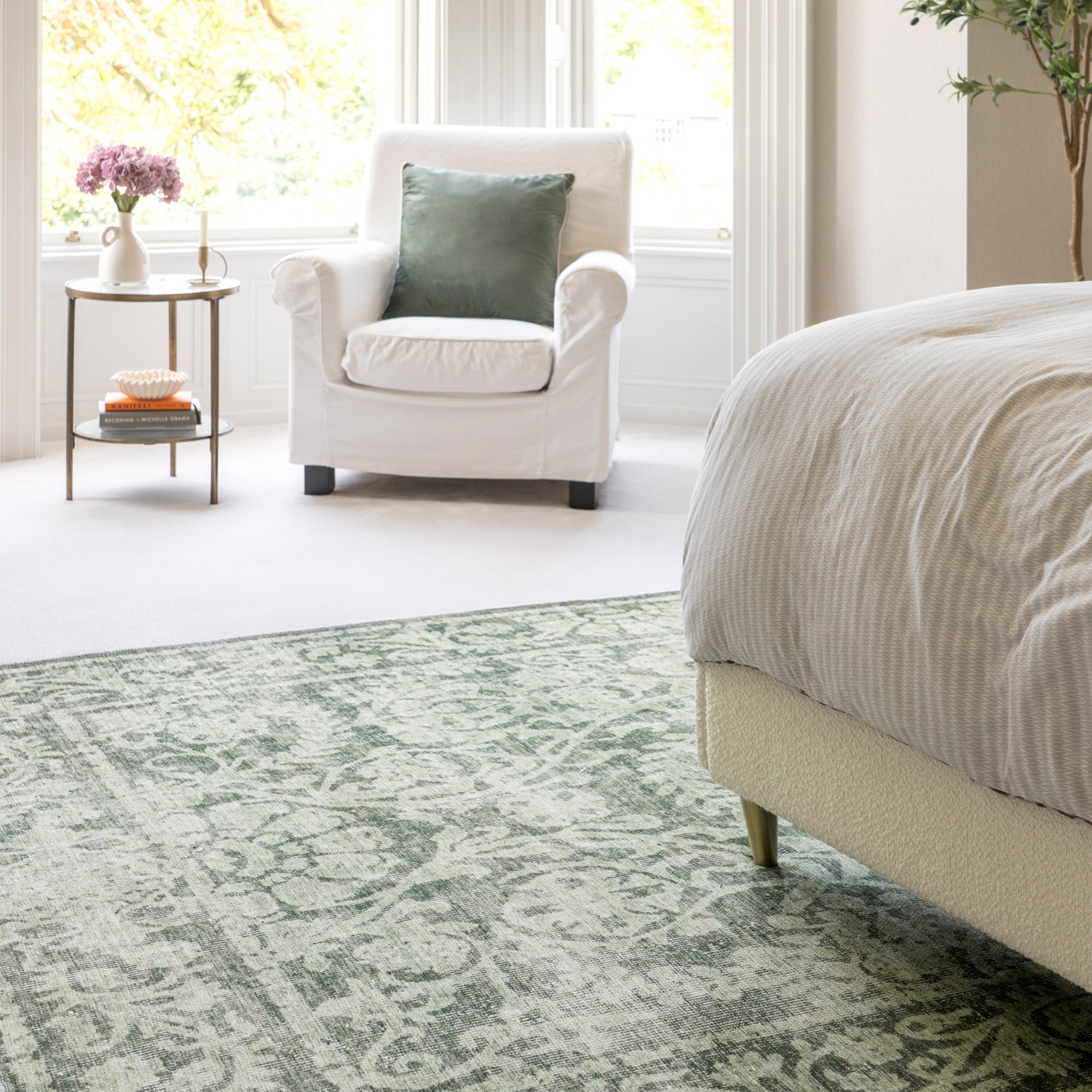 Soft Washable Green Motif Rug - Pippa
