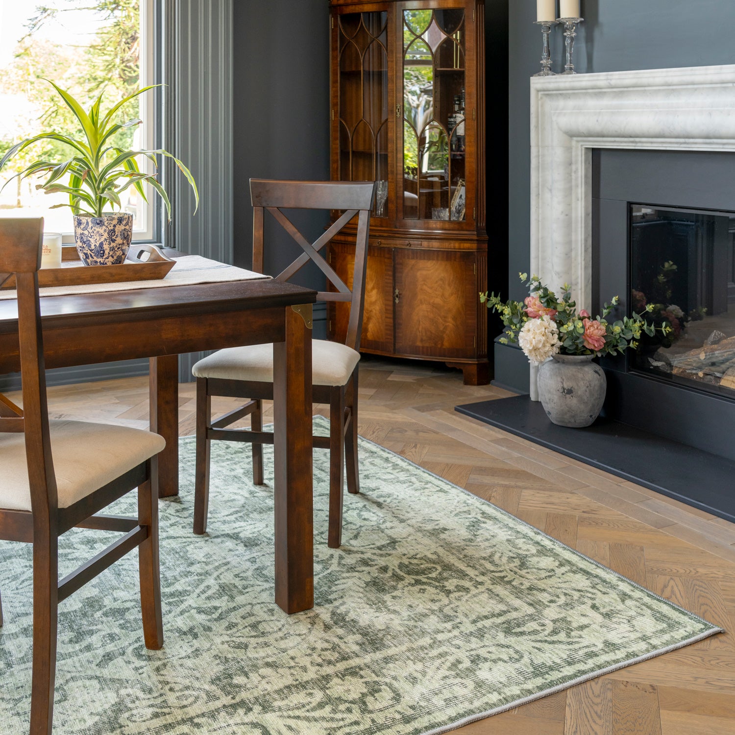 Soft Washable Green Motif Rug - Pippa