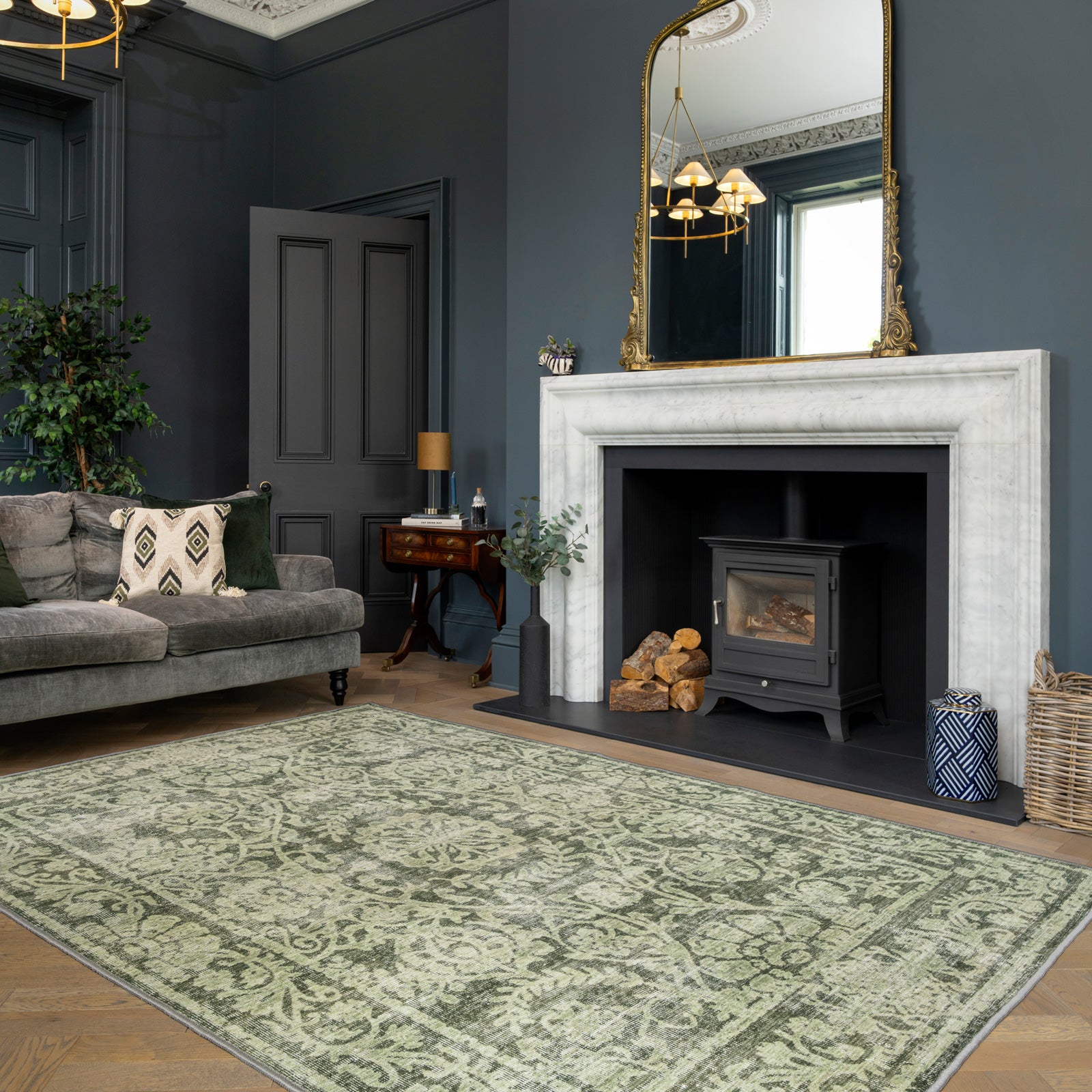 Soft Washable Green Motif Rug - Pippa