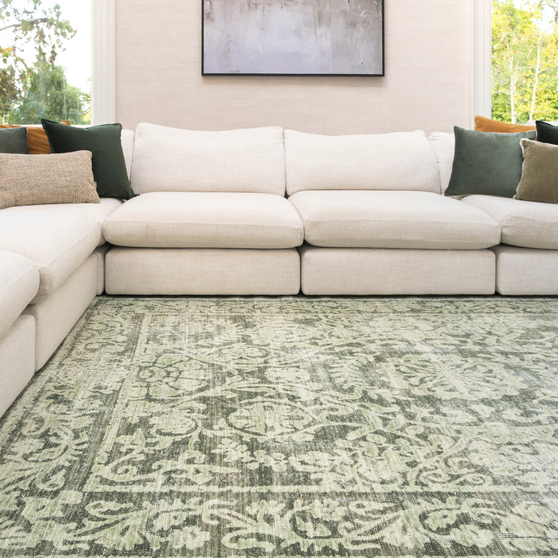 Soft Washable Green Motif Rug - Pippa | Living Room Rugs | Kukoon Rugs ...
