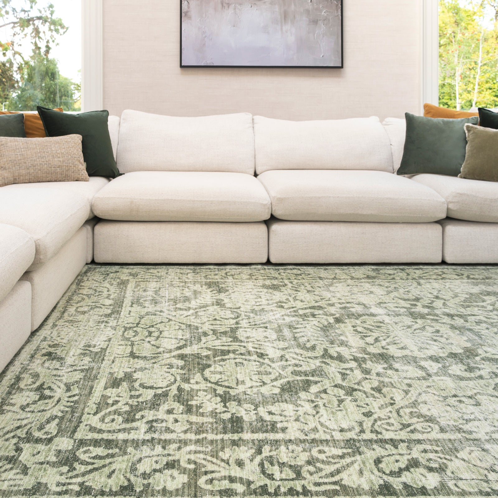 Soft Washable Green Motif Rug - Pippa