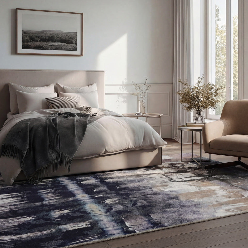 Soft Washable Blue Abstract Rug - Storm