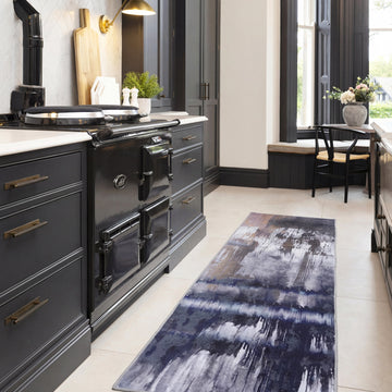 Soft Washable Blue Abstract Runner - Stormie