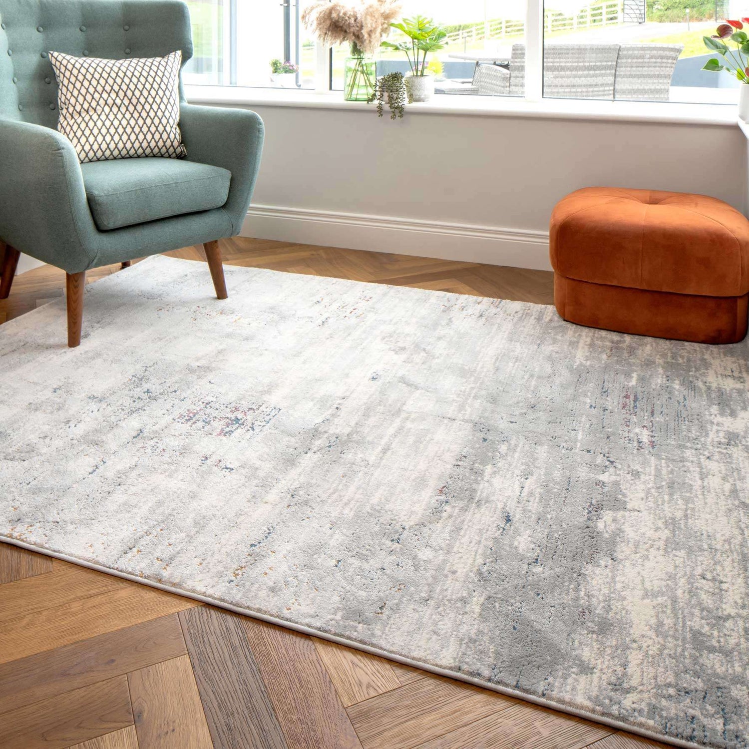 Grey Distressed Multicoloured Abstract Living Room Rug