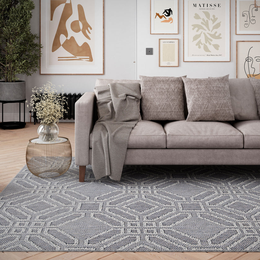Blue Geometric Loop Pile Rug | Living Room Rugs | Kukoon Rugs Online