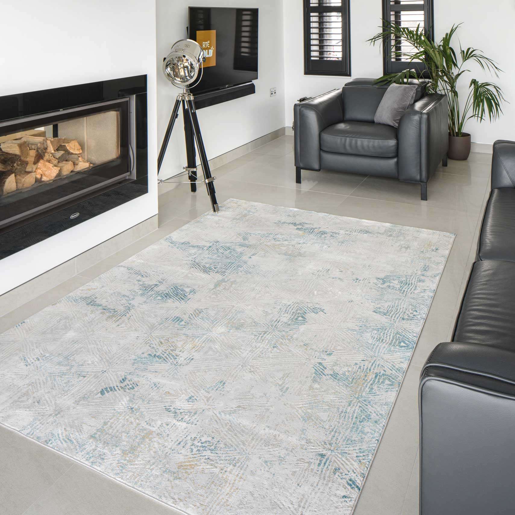 Teal Blue Cloudscape Living Room Rug