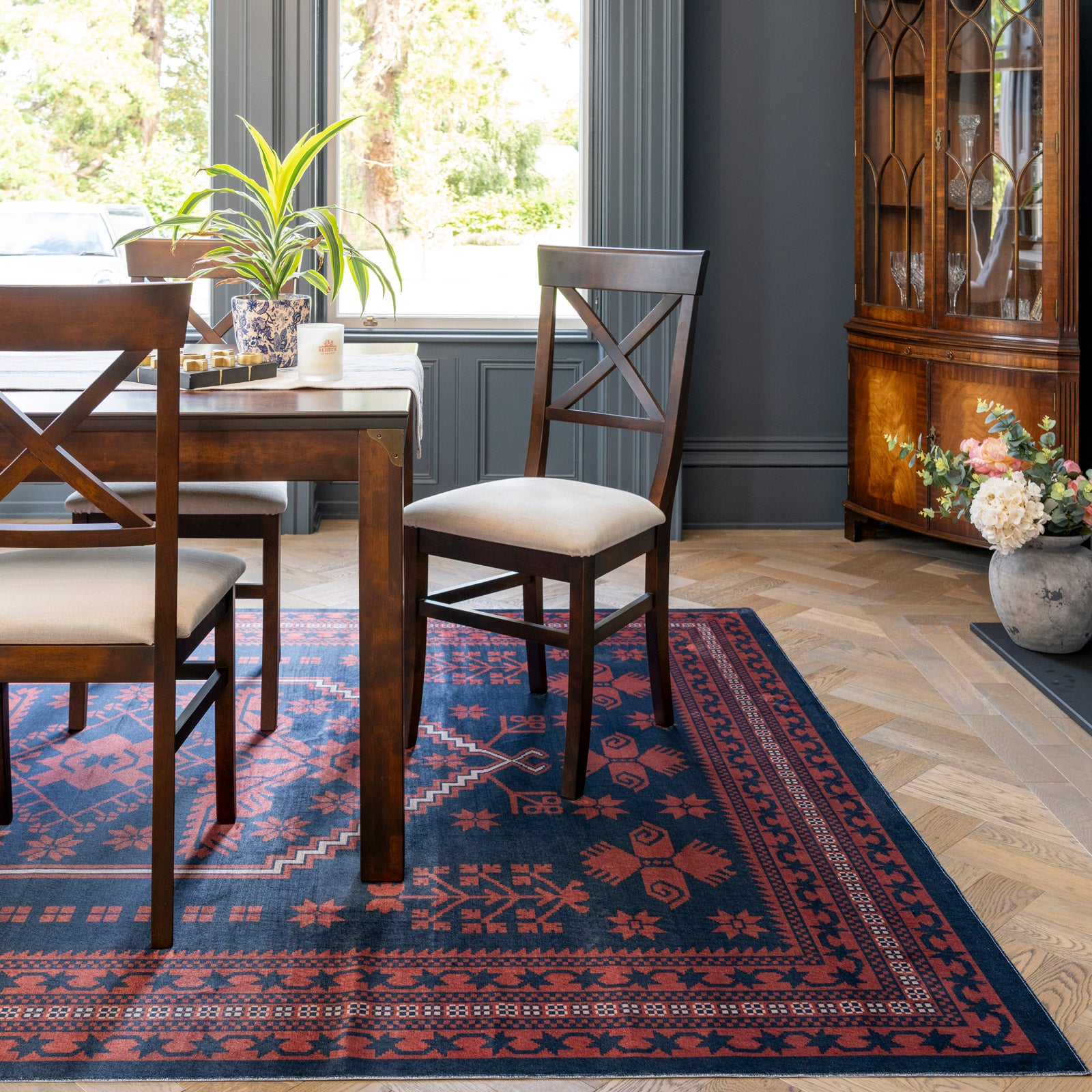 Washable Red Navy Persian Style Rug - Asha