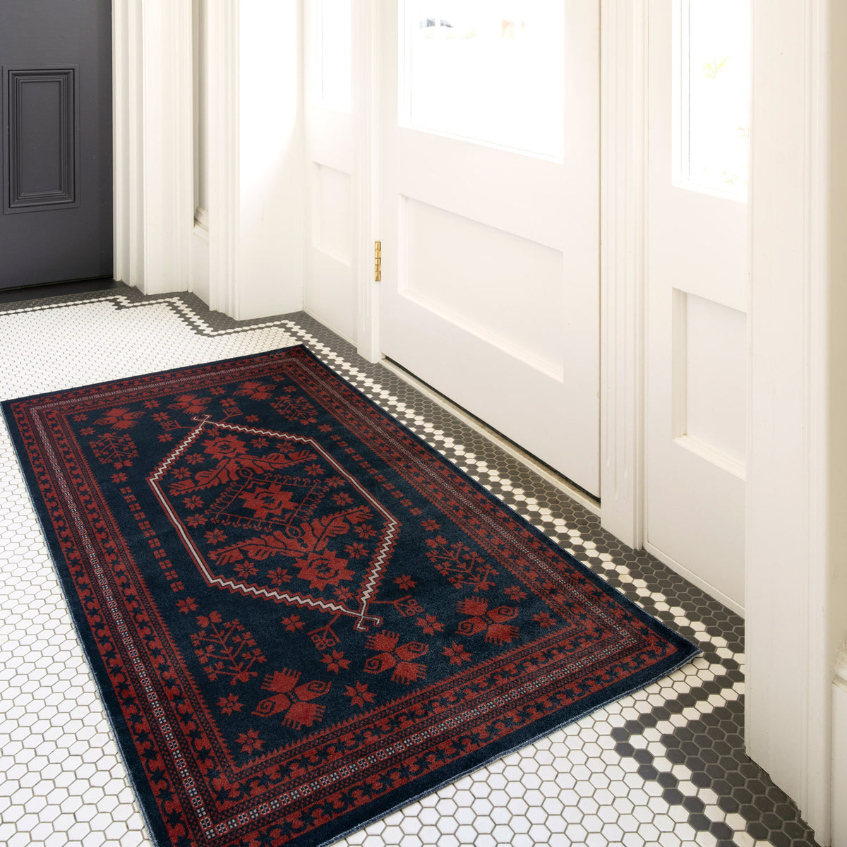 Washable Red Navy Persian Style Rug - Asha