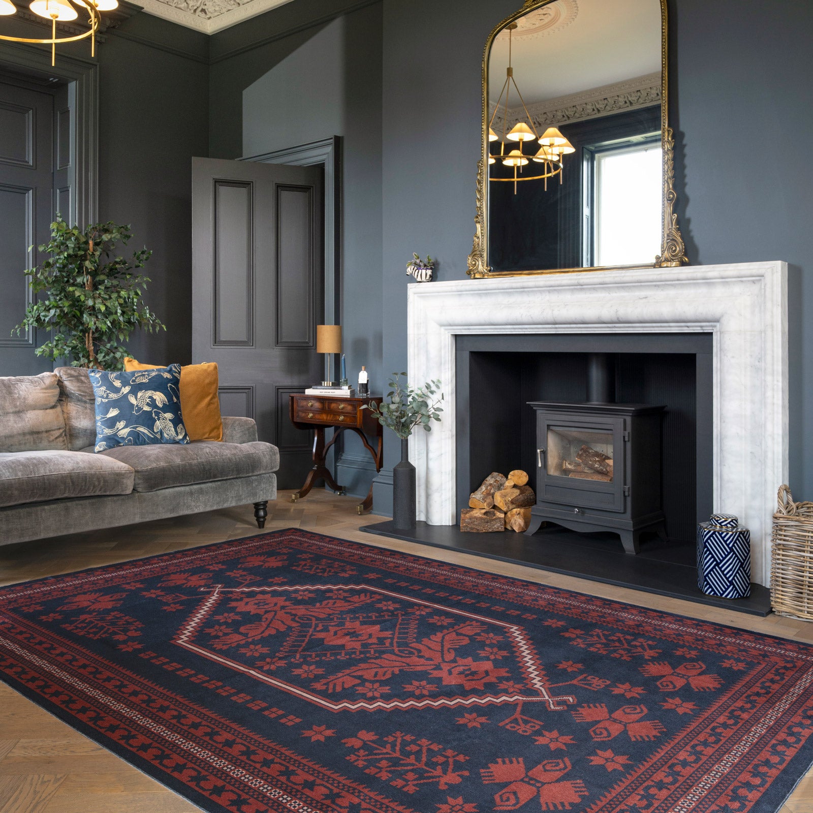 Washable Red Navy Persian Style Rug - Asha