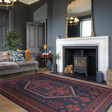 Washable Red Navy Persian Style Rug - Asha