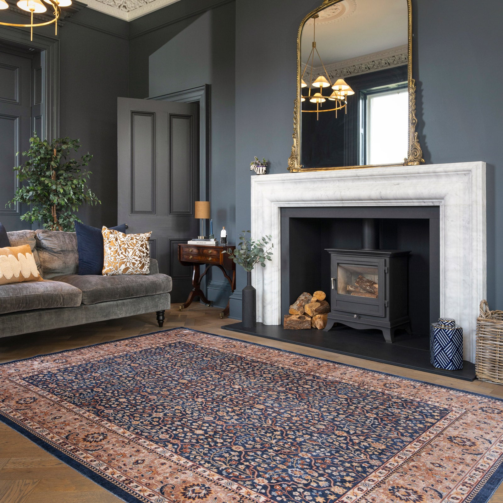 Washable Blue Persian Style Rug - Leela