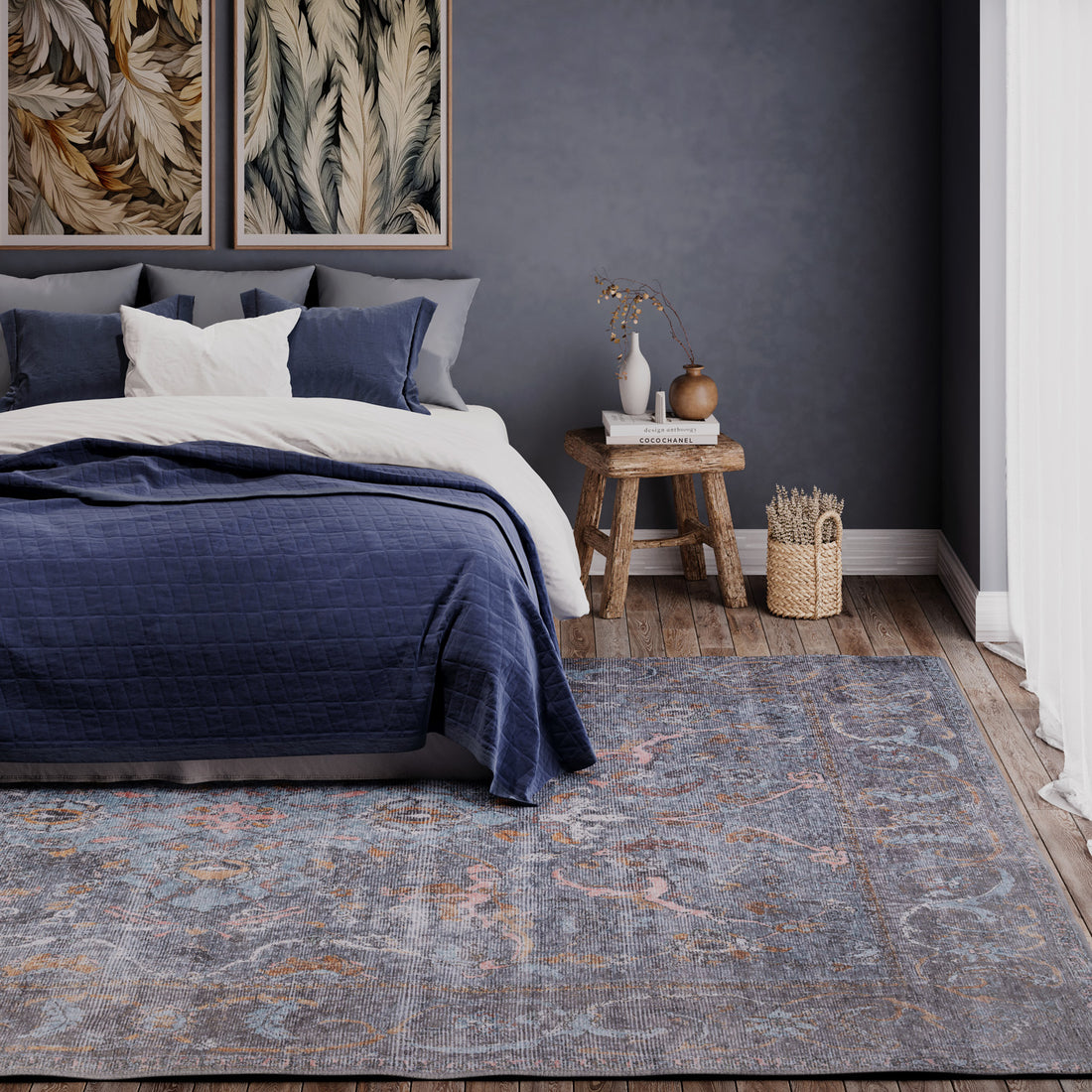 Soft Washable Blue Boho Rug - Clara | Living Room Rugs | Kukoon Rugs Online