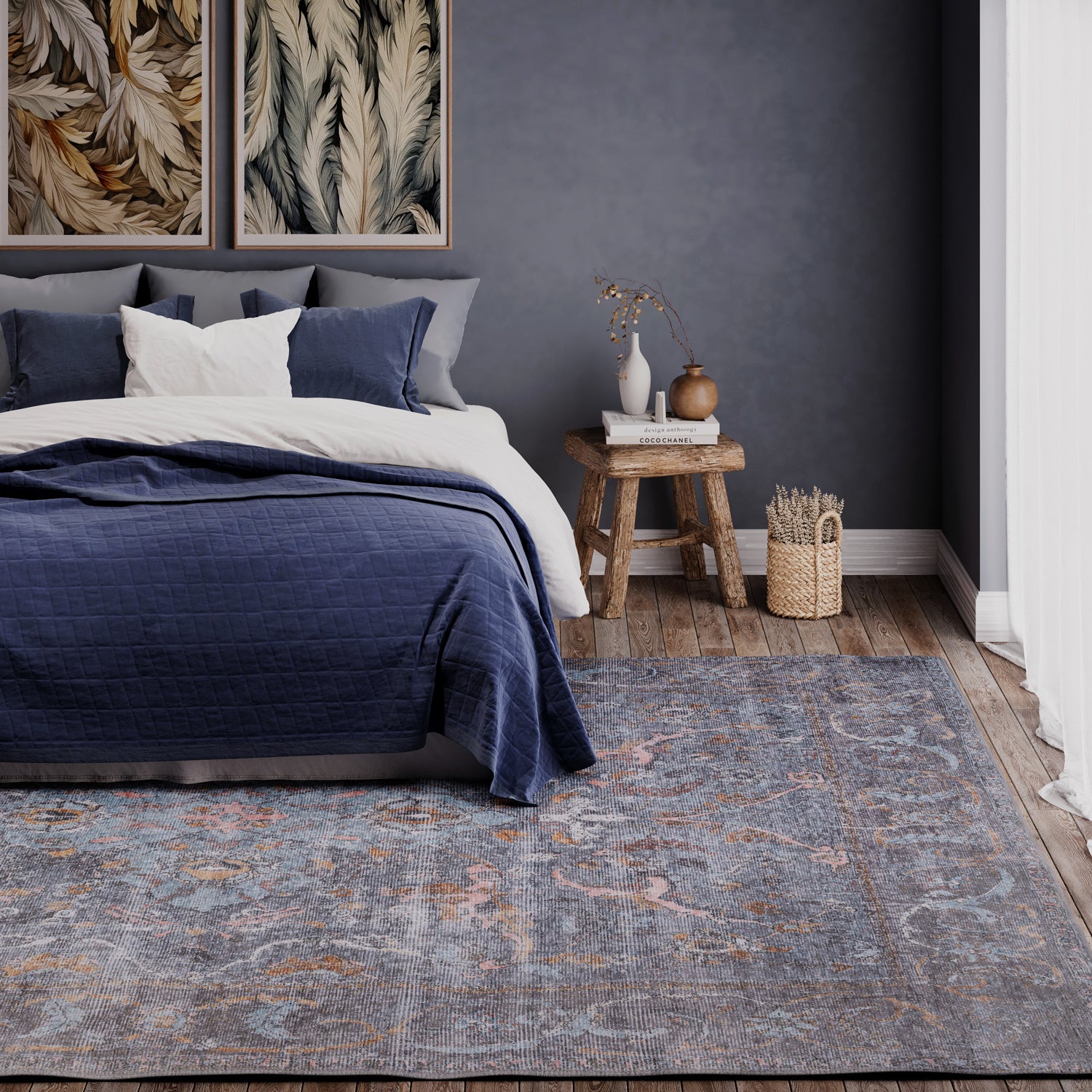 Soft Washable Blue Boho Rug - Clara