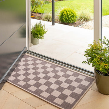 Washable Grey Checkerboard Doormat - Chess