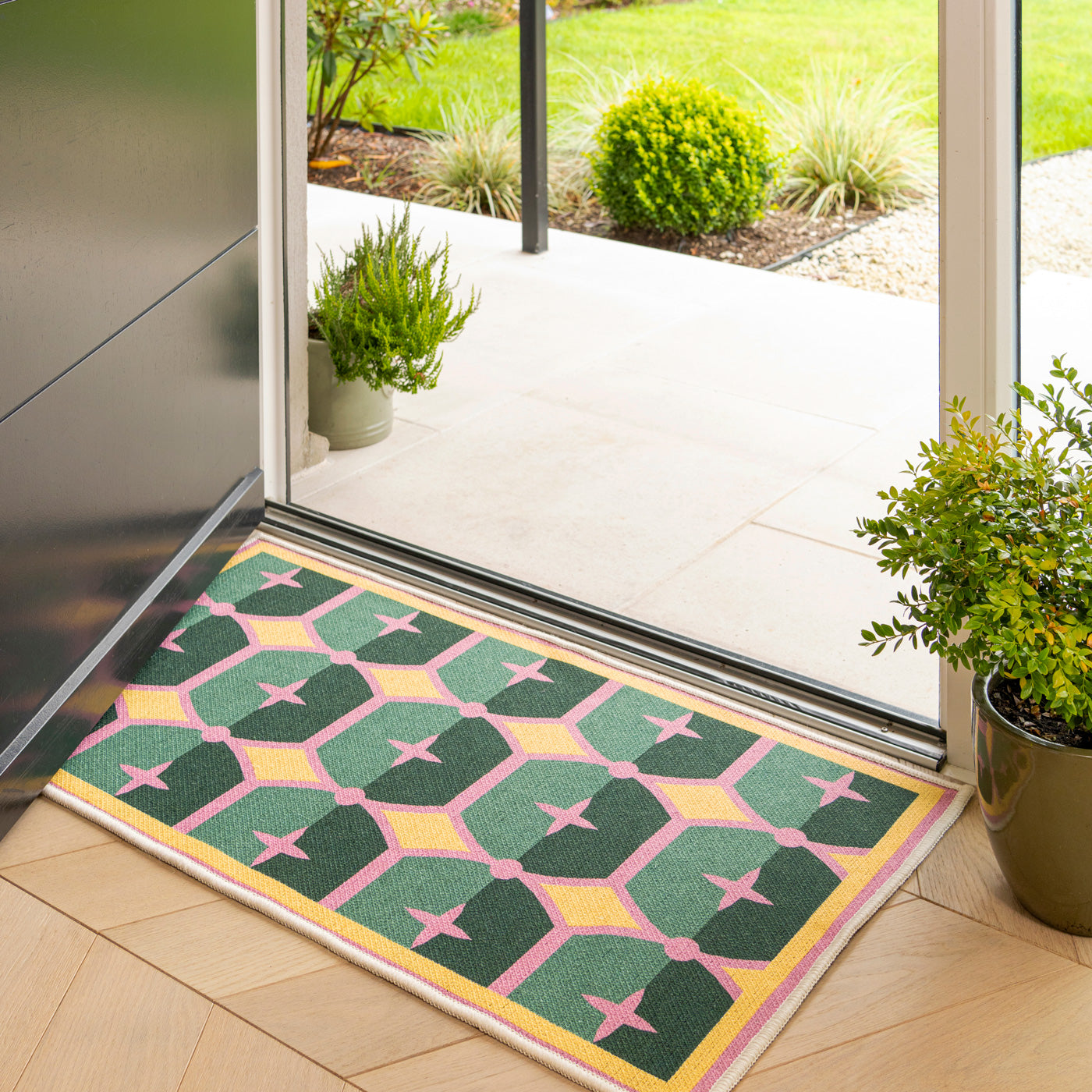 Washable Green Geometric Tile Doormat - Fusion