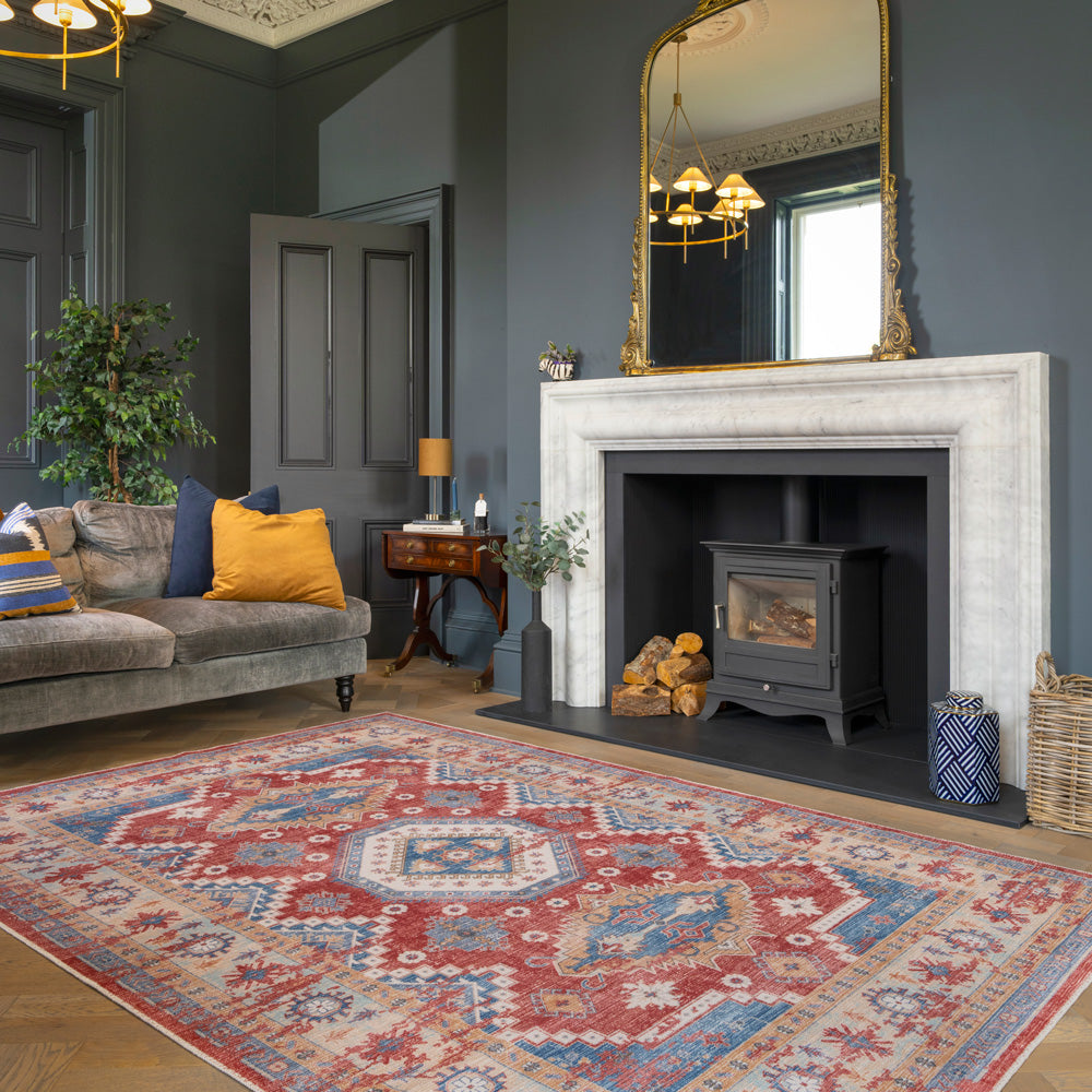 Washable Looped Red Vintage Rug - Anais