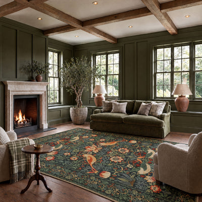 Washable Strawberry Thief Navy Rug - William Morris