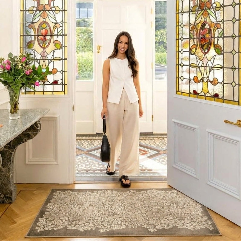 Washable Bird Anemone Taupe Indoor Doormat - William Morris