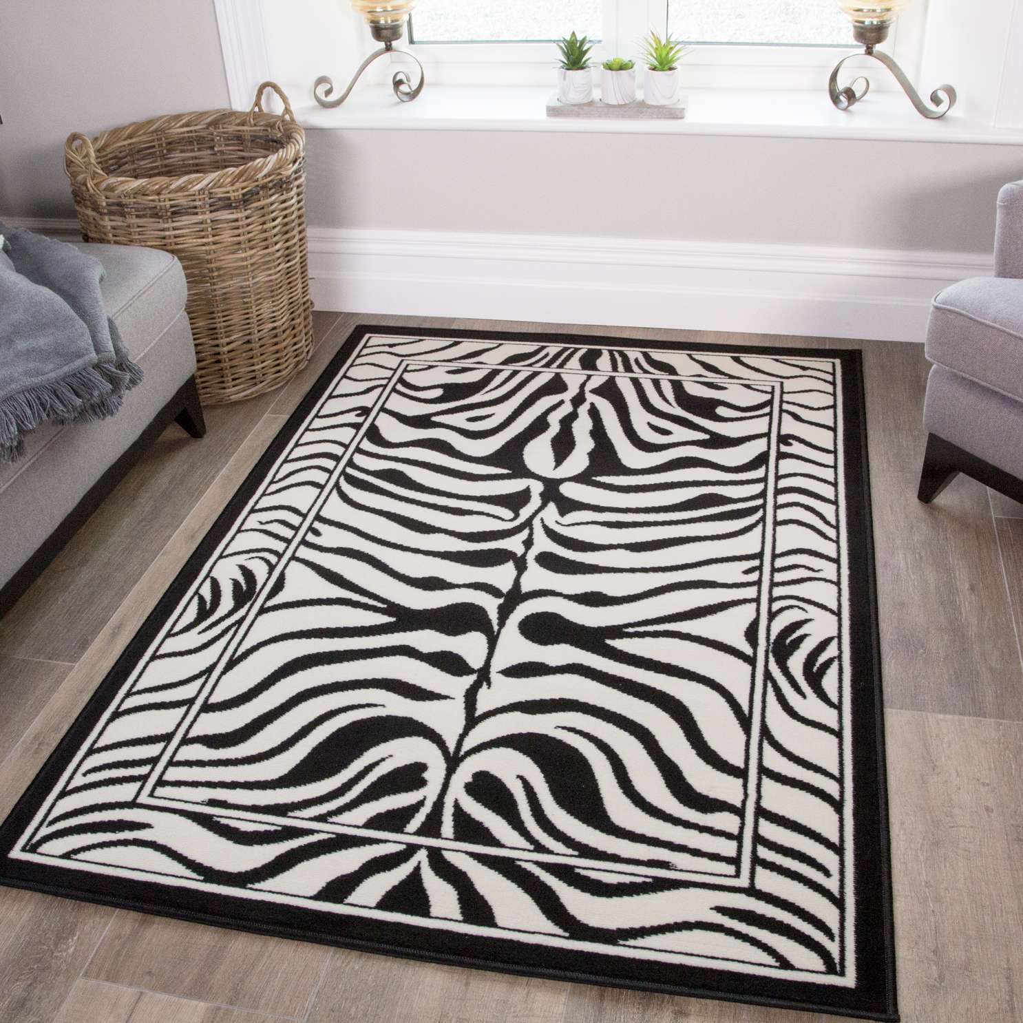Black White Animal Zebra Print Runner Rug