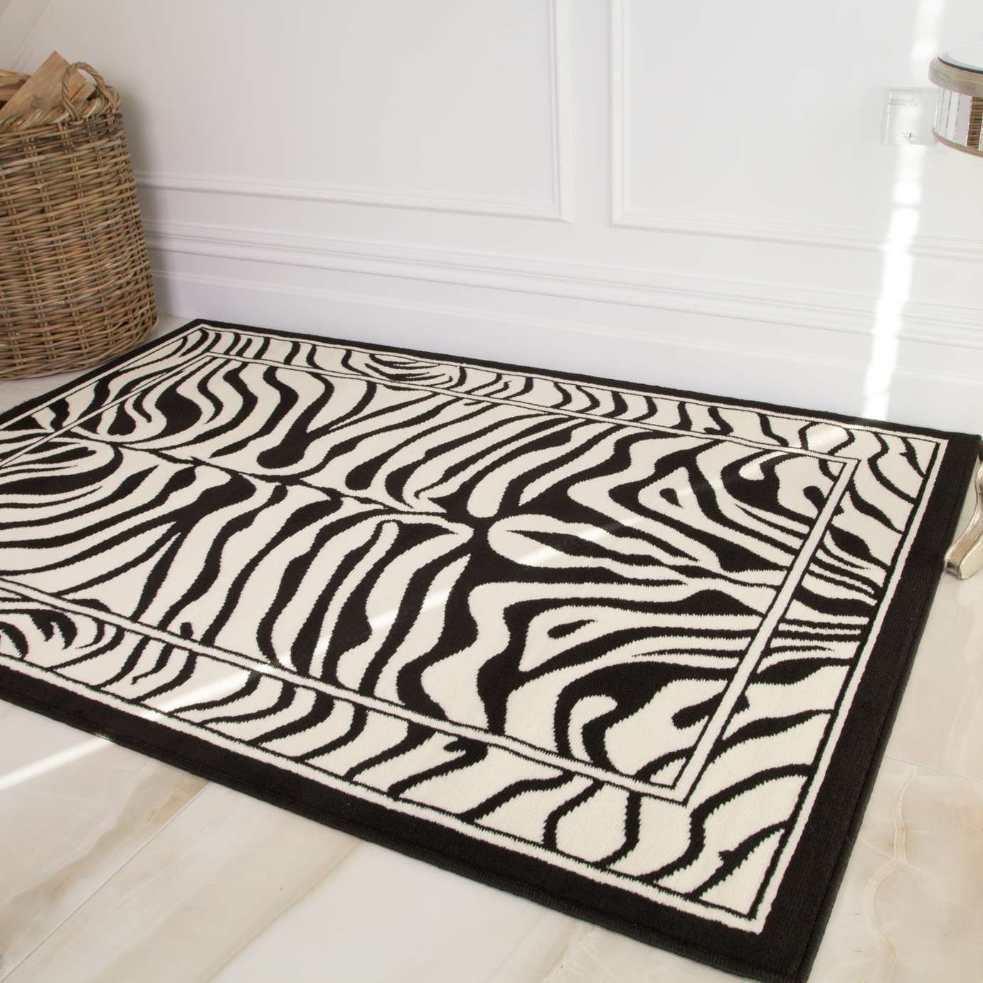 Black White Animal Zebra Print Runner Rug