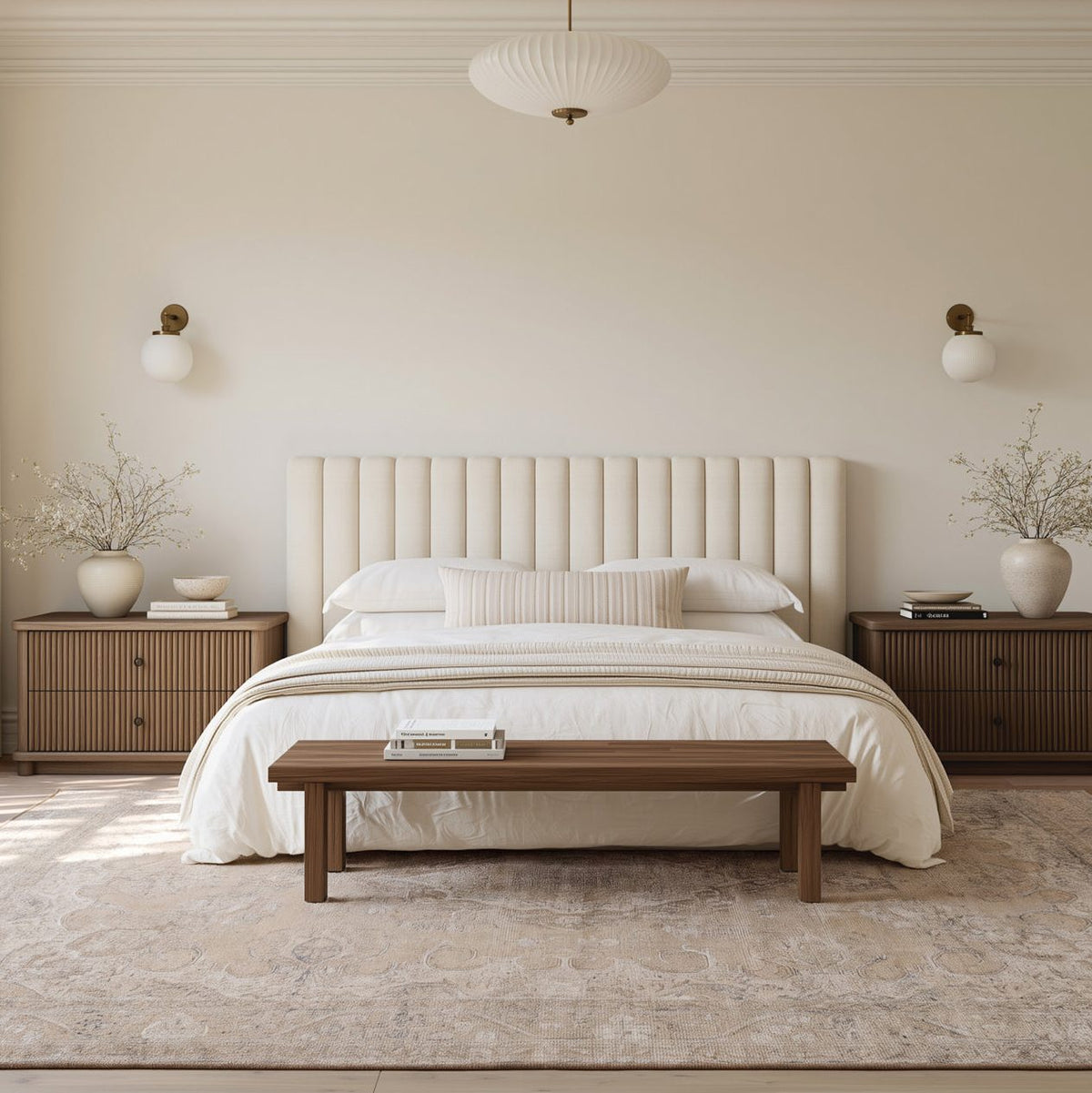 A beautifully styled bedroom featuring a bed with white linens and a beige tufted headboard, flanked by matching wooden nightstands, a wooden bench at the foot of the bed, and a large textured beige rug.